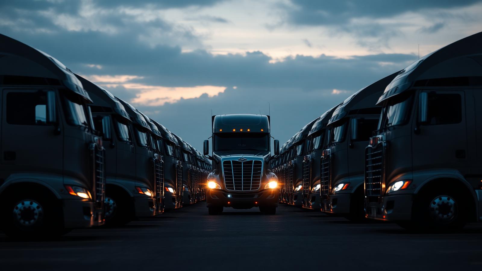 Commercial trucks staged in a fleet yard at dawn