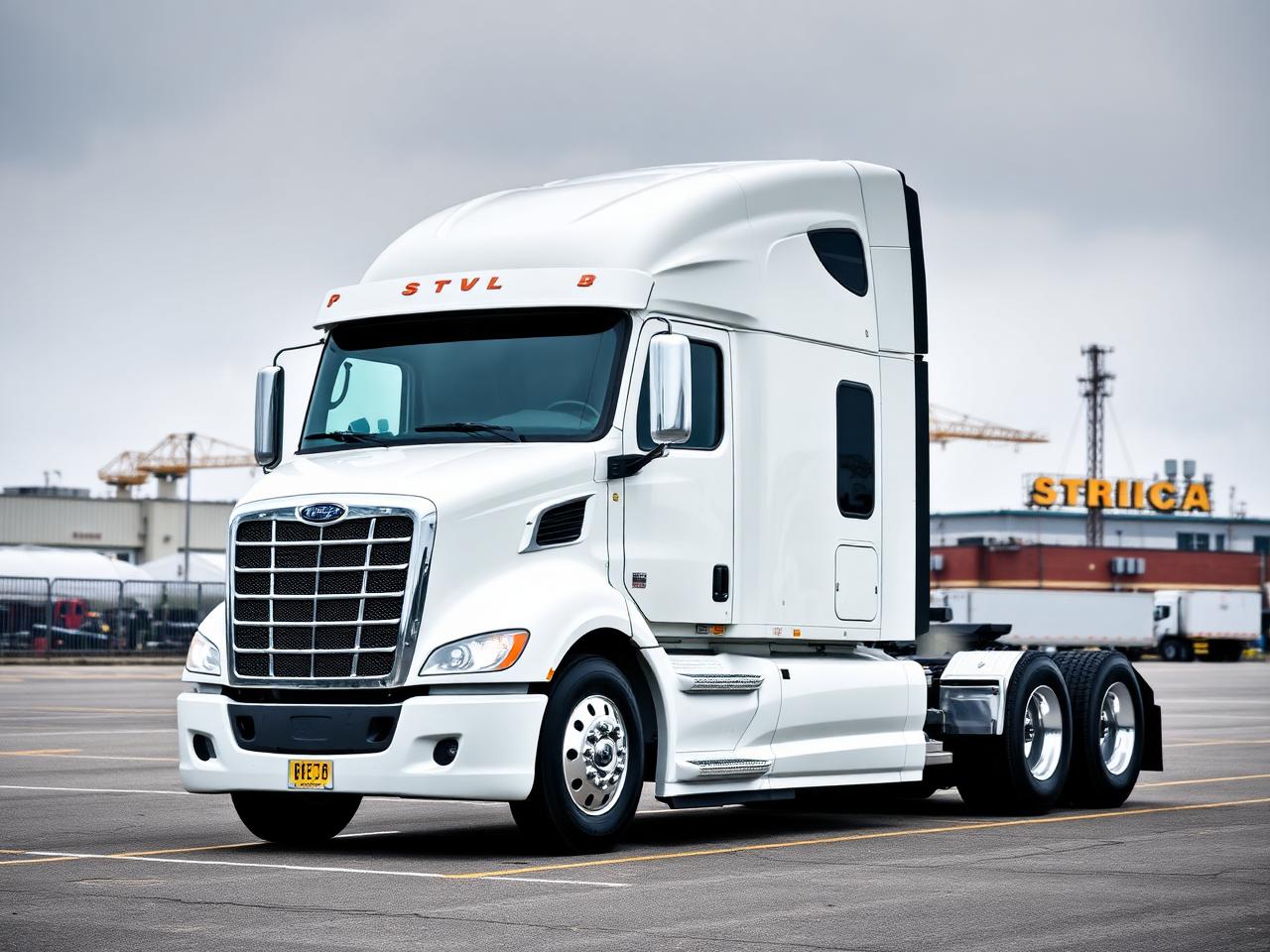 Class 8 commercial semi truck parked at a truck terminal